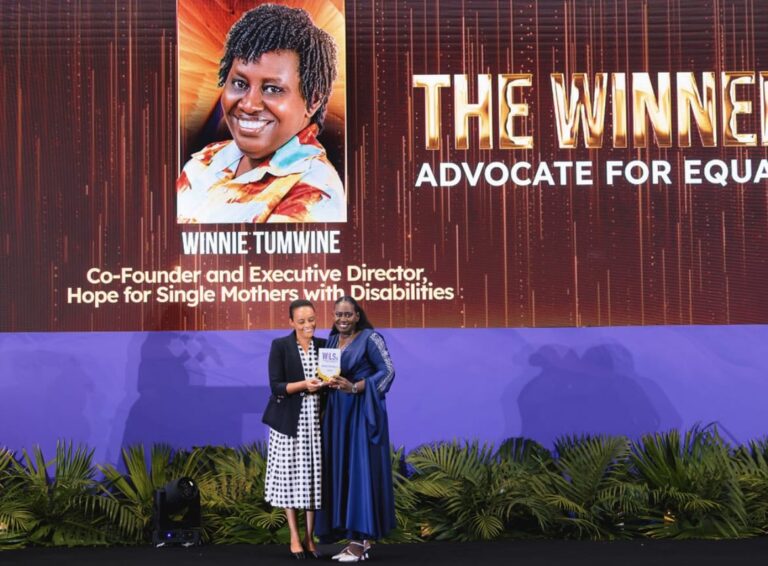 Winnie Tumwine receiving the Advocate for Gender Equality award at the Women in Leadership Summit 2026