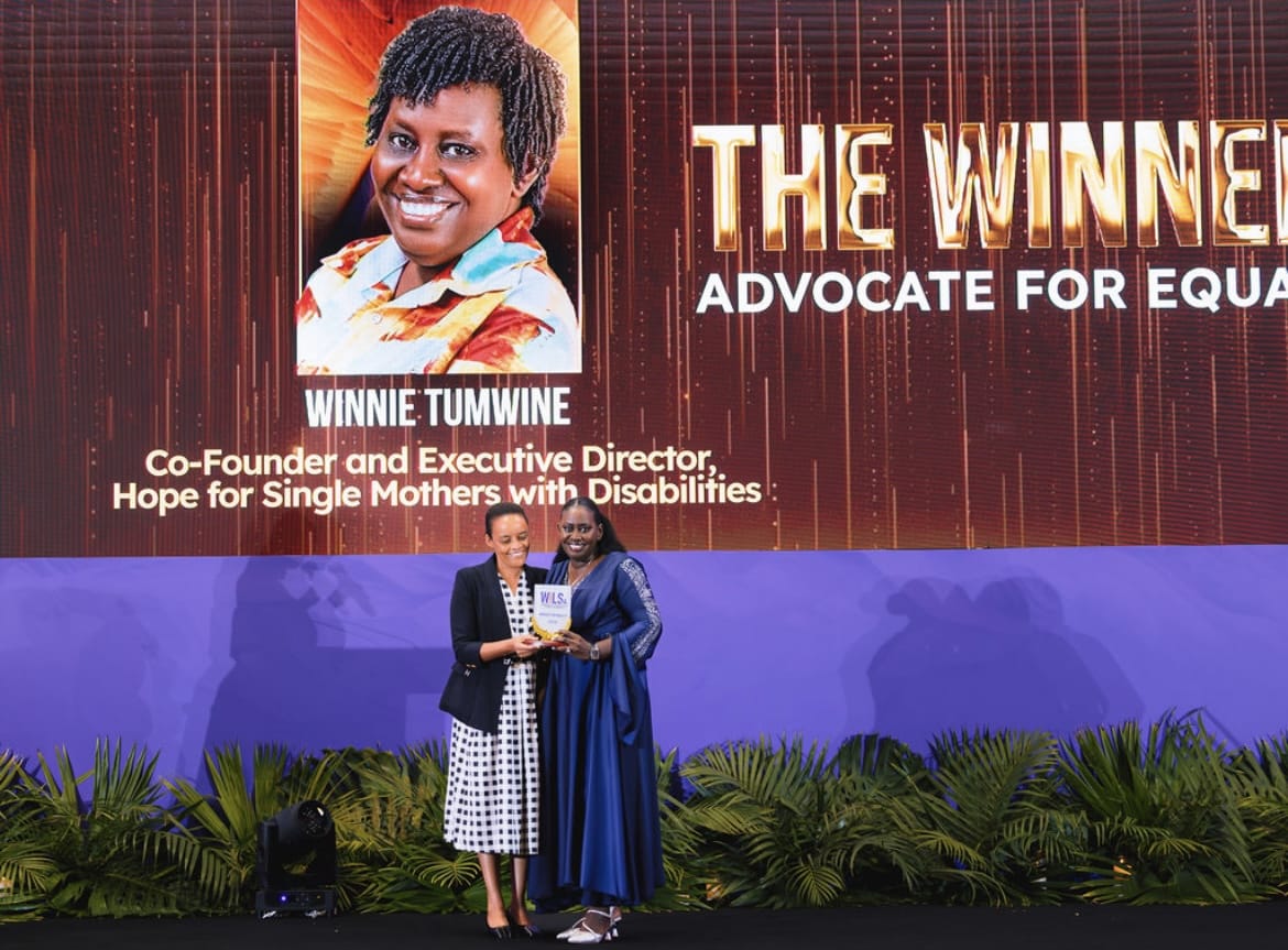 Winnie Tumwine receiving the Advocate for Gender Equality award at the Women in Leadership Summit 2026